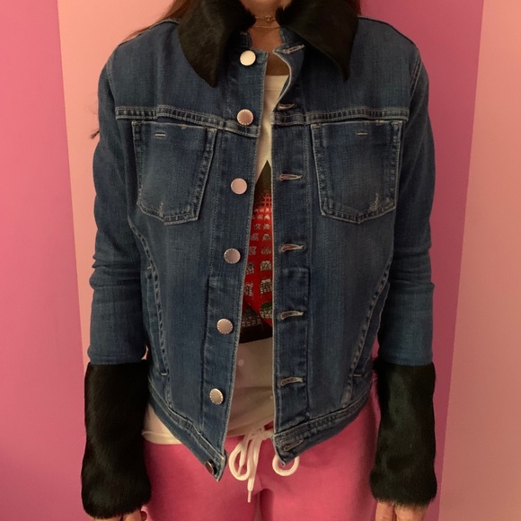 L’AGENCE denim jacket trimmed w/ real rabbit fur - Picture 3 of 6